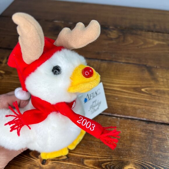Aflac 2003 Holiday Duck Plush With Antlers & Red Scarf Stuffed Animal - Picture 2 of 8